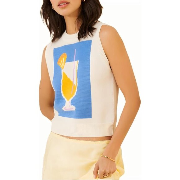 Tops - Women Sleeveless Crew Neck Sweater Vest Ribbed Knit Cute Juice Print
